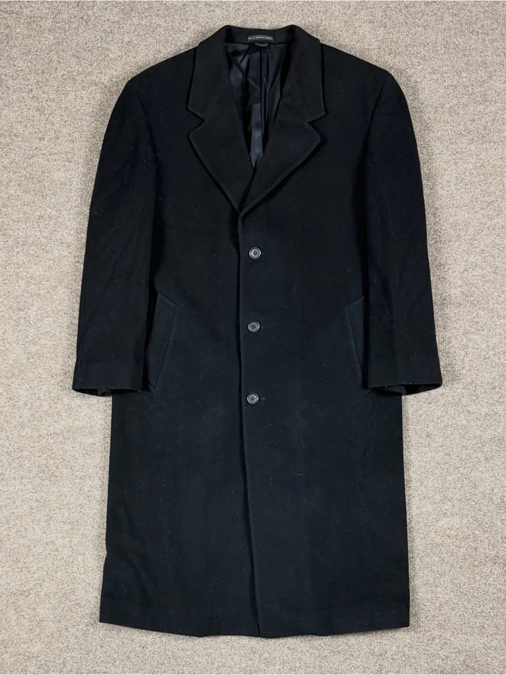 Vintage Black Wool Cashmere Long Overcoat Men’s 42 Large Single Breasted Coat